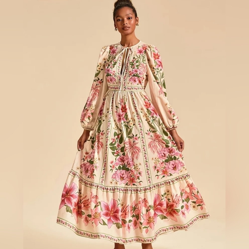 Floral Long Sleeve Maxi Dress in Cream and Pink - Picture 4 of 14
